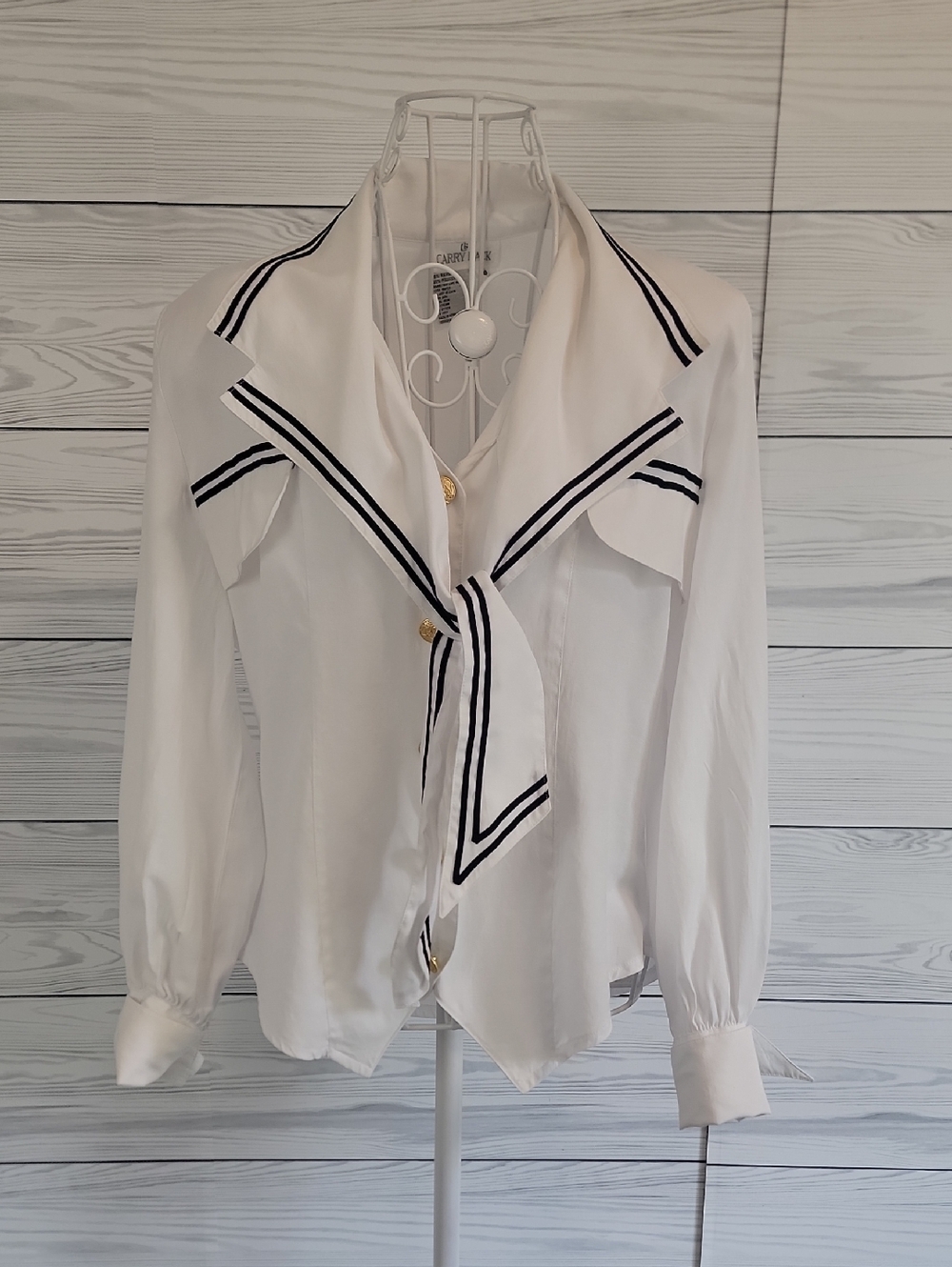 Vintage Carry Back White Sailor Collar Blouse with Black Trim Womens Size 8